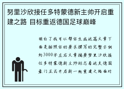 努里沙欣接任多特蒙德新主帅开启重建之路 目标重返德国足球巅峰 努里沙欣接任多特蒙德新主帅开启重建之路 目标重返德国足球巅峰